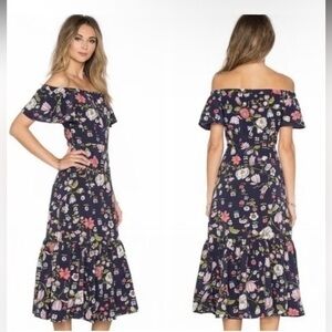 Rebecca Taylor Silk Off The Shoulder Tapestry Garden Floral Midi Dress